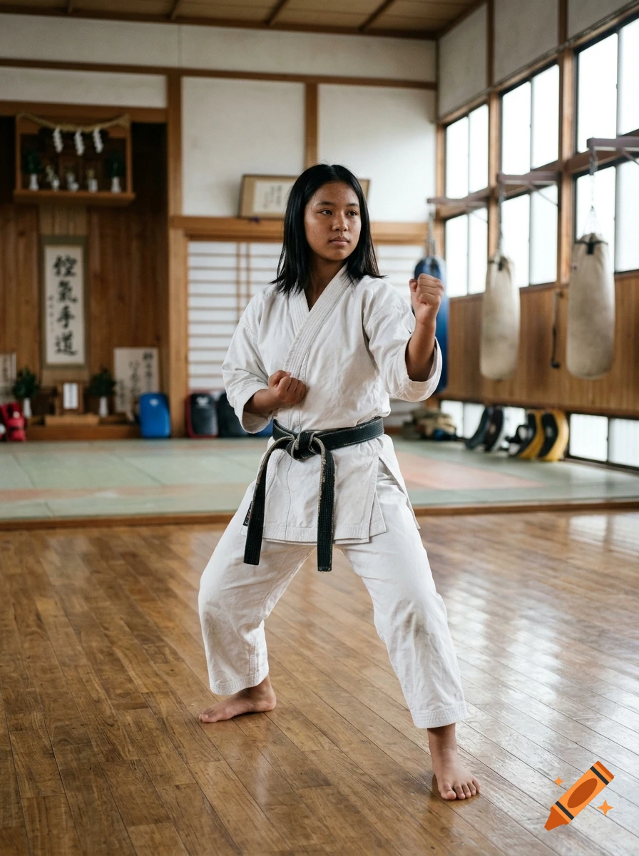A person in a white martial arts uniform and black belt practices a stance inside a traditional dojo.