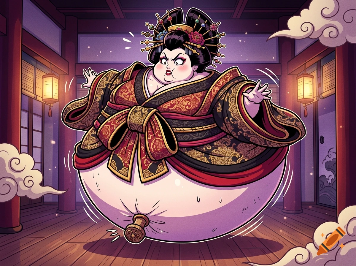 An anime style illustration of an ornate geisha villainess inflated into a round balloon shape inside a traditional pagoda.