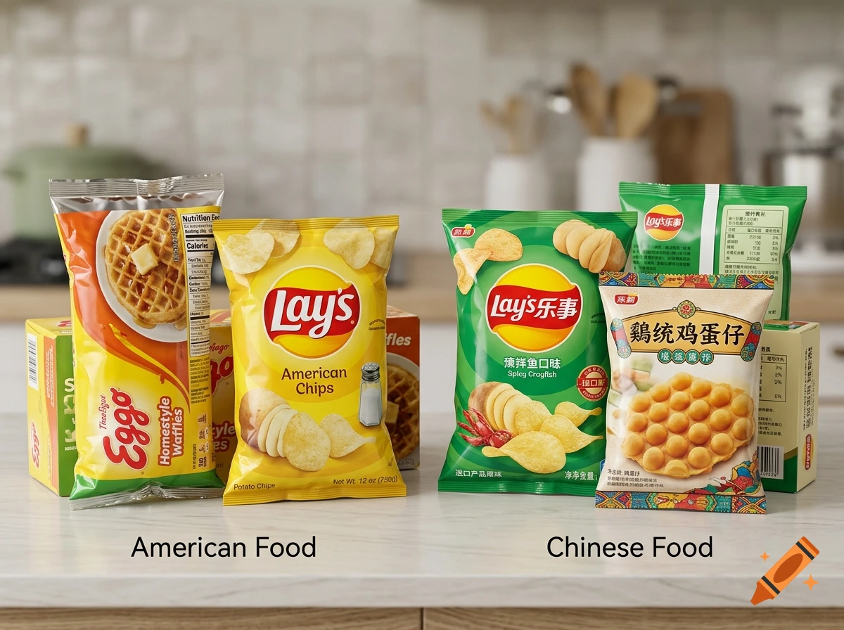 A photograph comparing American and Chinese snack food packaging on a kitchen counter, with labels reading American Food and Chinese Food.