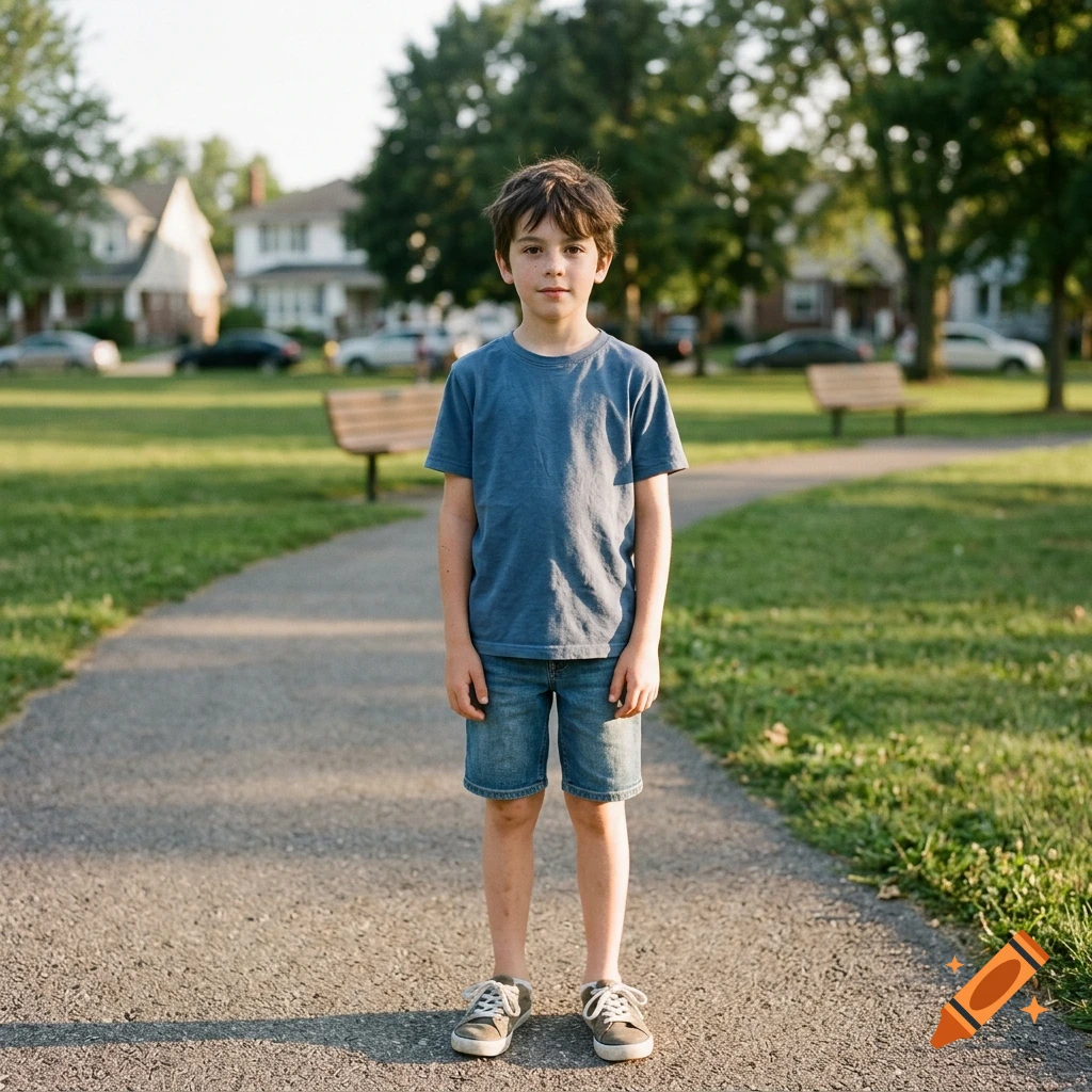 A young boy standing on a paved path in a park with trees and houses in the background.