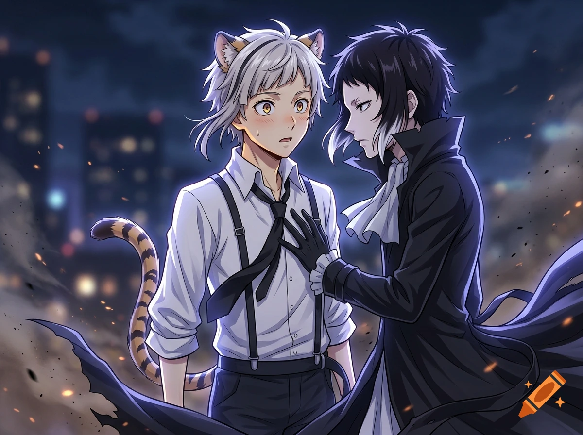 Anime style illustration of Atsushi with tiger ears and tail standing next to Akutagawa touching his chest.