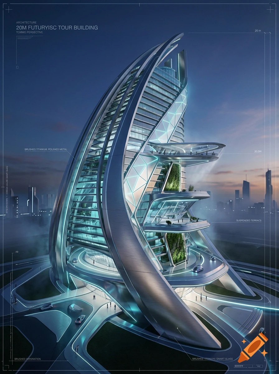 Architectural blueprint style render of a futuristic curved skyscraper at dusk, with glowing lights and hovering vehicles.