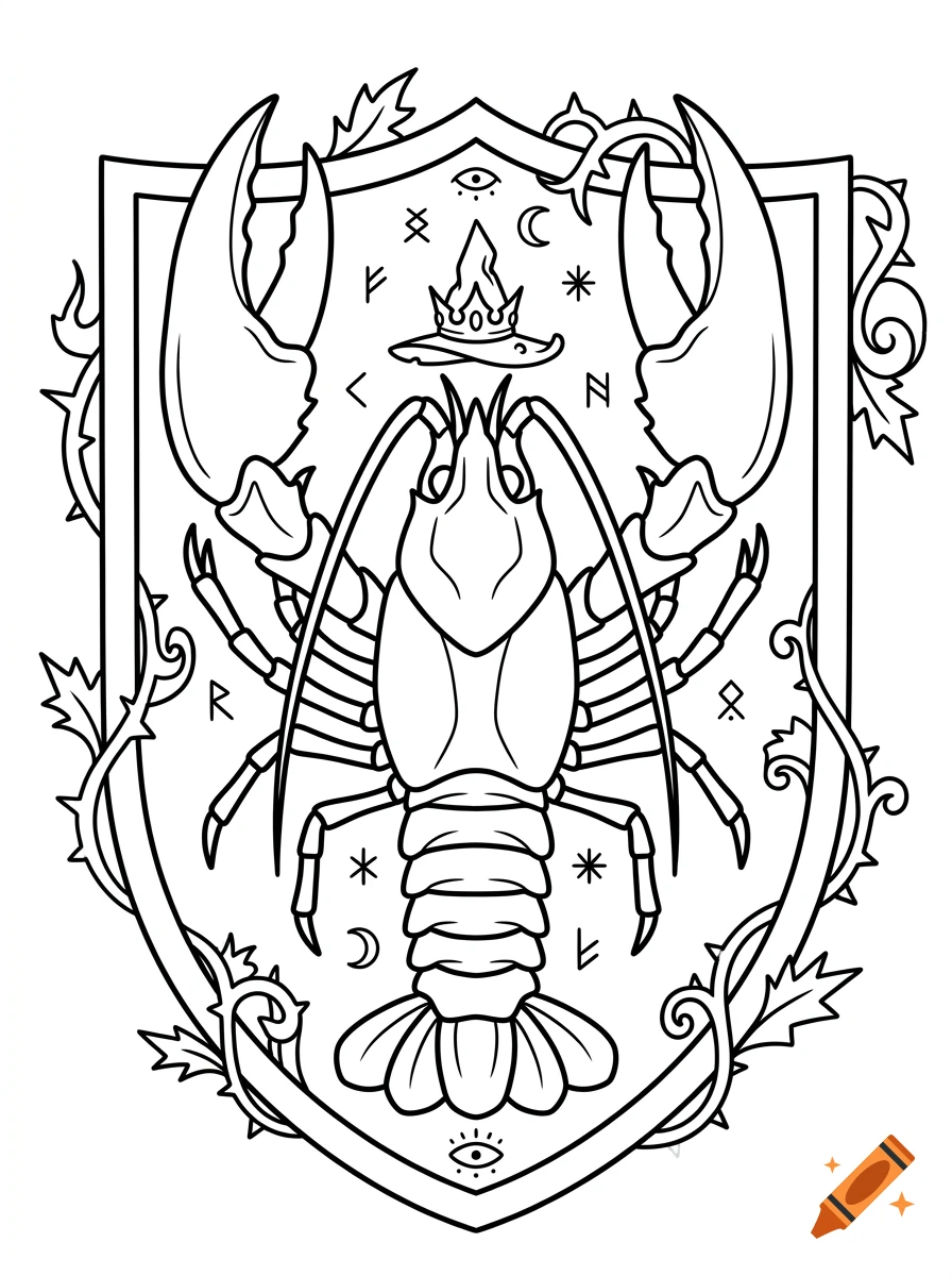 Black and white line drawing of a crayfish coat of arms with a wizard hat and runes.