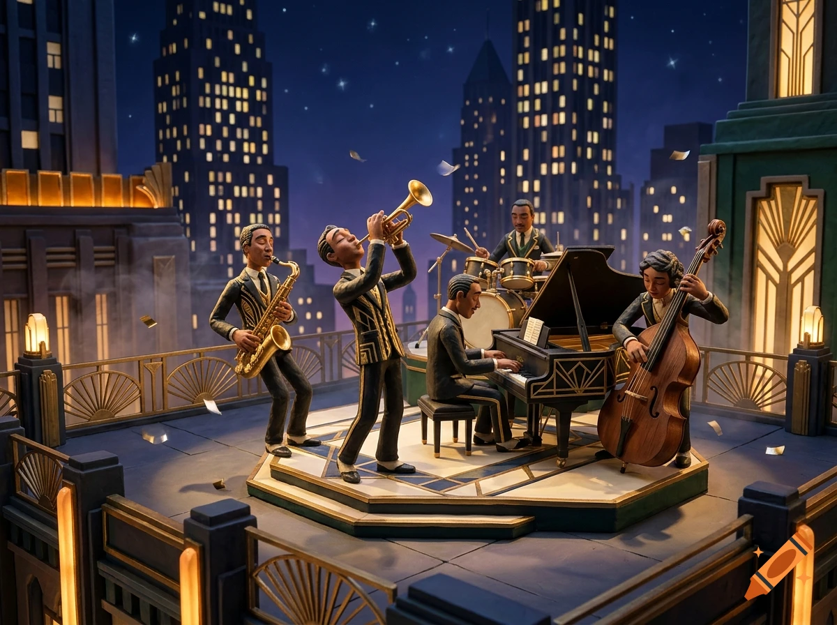A stylized 3D diorama of a jazz band performing on a rooftop with skyscrapers in the background at night.