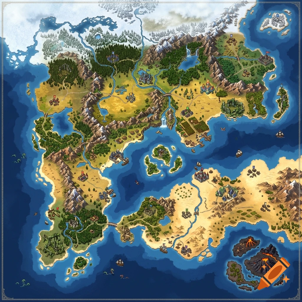 Detailed fantasy world map featuring diverse terrains like forests, mountains, oceans, and volcanoes in a pixel art style.