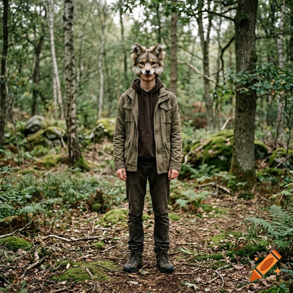 Photorealistic image of a person standing in a forest wearing a realistic wolf mask, brown hoodie, and jacket.