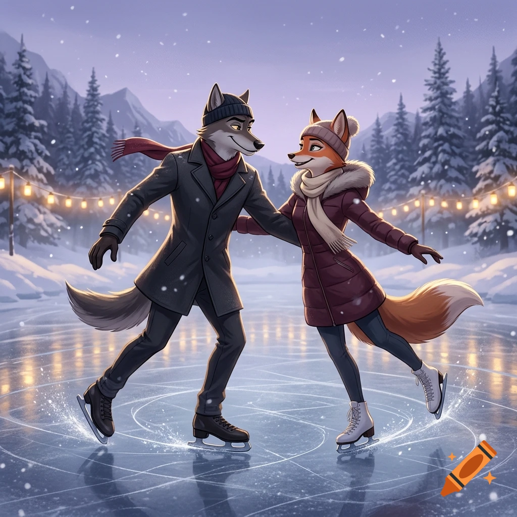 Animated anthropomorphic wolf and fox ice skating together on a frozen lake in a snowy forest.