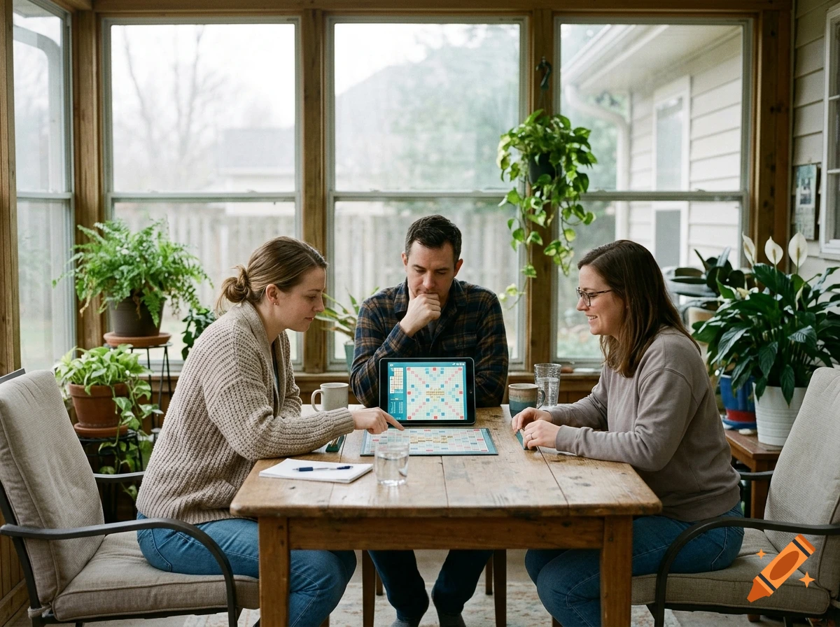 Three adults playing a board game around a wooden table in a sunroom filled with potted plants.