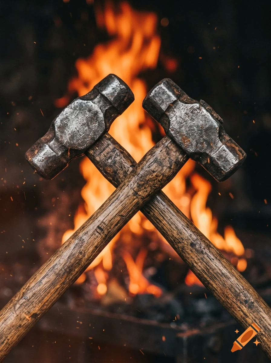 Two crossed blacksmith hammers in front of a glowing forge fire, photorealistic.