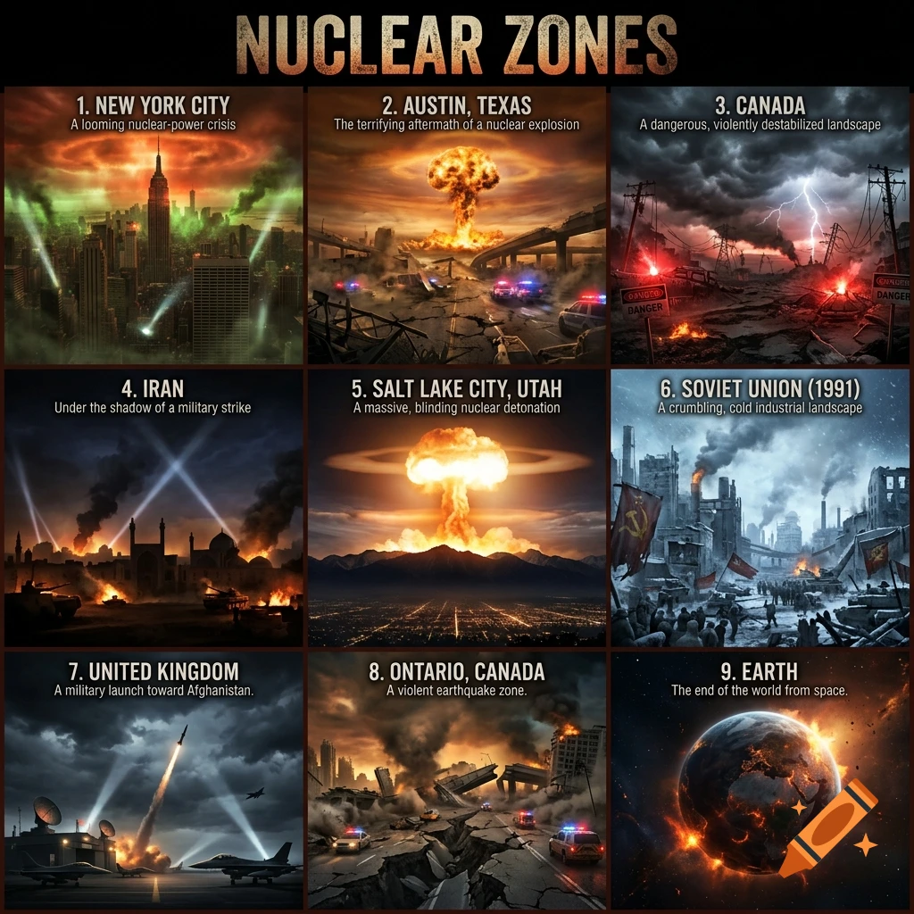 A 9-panel collage of various global nuclear disaster zones, featuring city destructions and mushroom clouds.