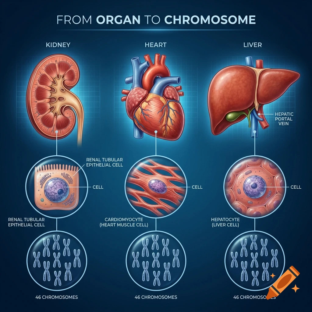 An educational medical diagram titled FROM ORGAN TO CHROMOSOME showing the kidney, heart, and liver, descending down to their microscopic cellular structures and finally to 46 chromosomes.
