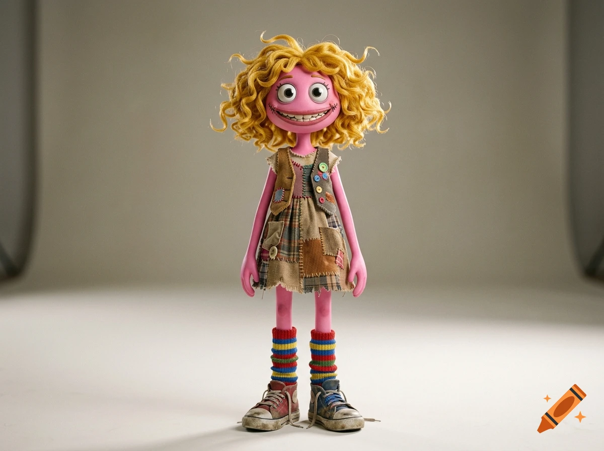 Full-body shot of a pink cartoonish doll with yellow curly hair, mismatched shoes, and patched dress standing on a grey floor.