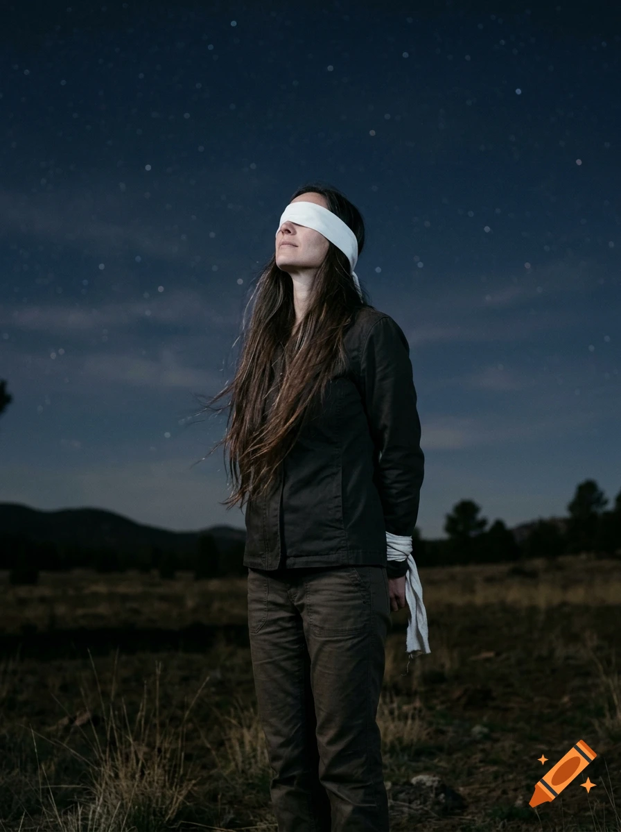 Photorealistic portrait of a slim woman with long dark hair, wearing a blindhead and tied wrists, standing in a field under a starry night sky.