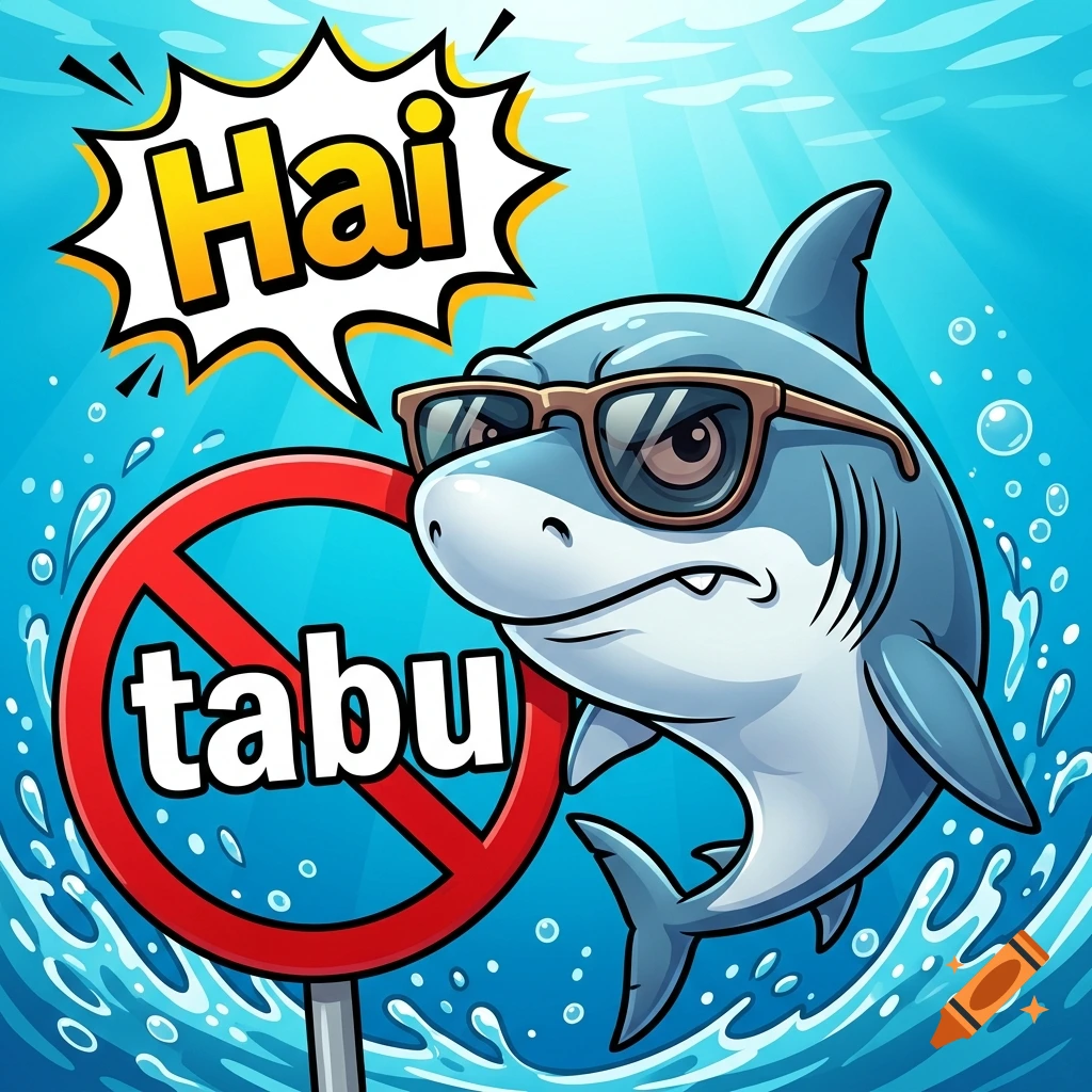 Digital cartoon of a shark wearing sunglasses underwater, next to a no symbol and text saying Hai tabu.