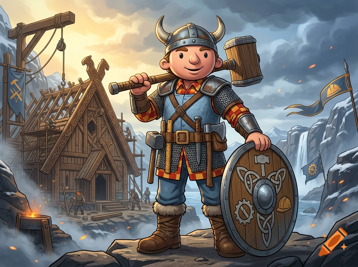 A stylized cartoon builder character dressed as a Viking, holding a wooden mallet and round shield near a construction site.