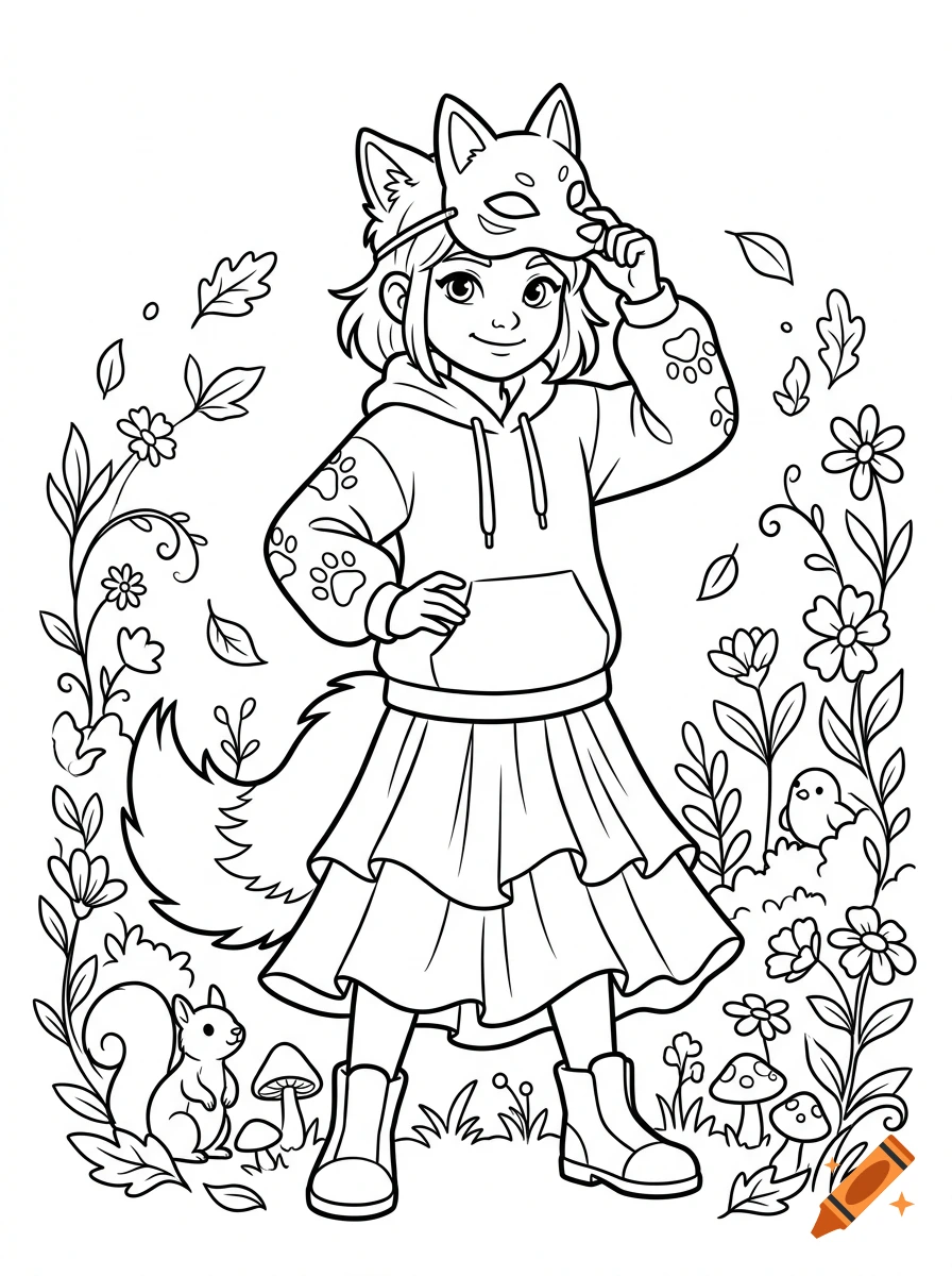 Black and white coloring page of a girl wearing a fox mask and hoodie, standing in a field with flowers and a squirrel.