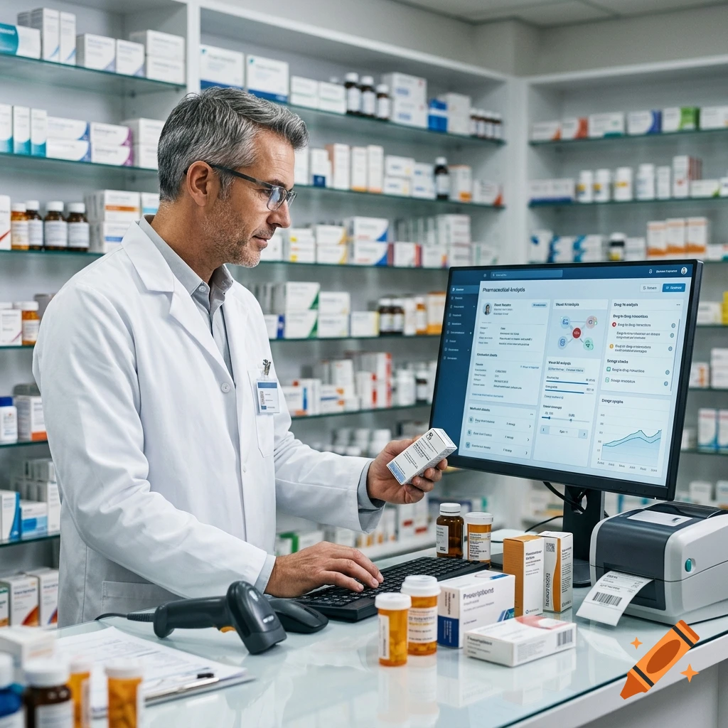 Photorealistic image of a male pharmacist with glasses in a white lab coat using a computer and barcode scanner in a pharmacy.