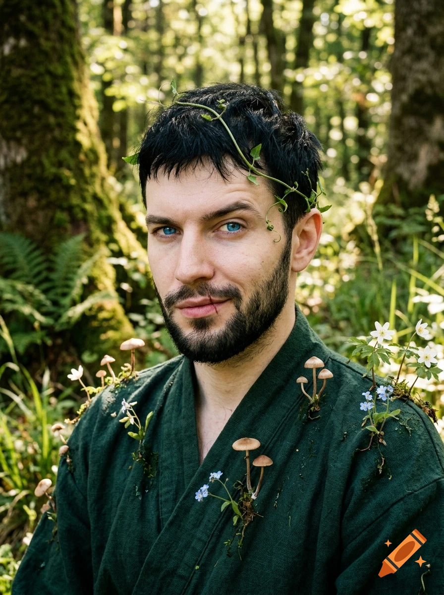 Photorealistic portrait of a man in a green robe with mushrooms and flowers growing on it, standing in a sunny forest.