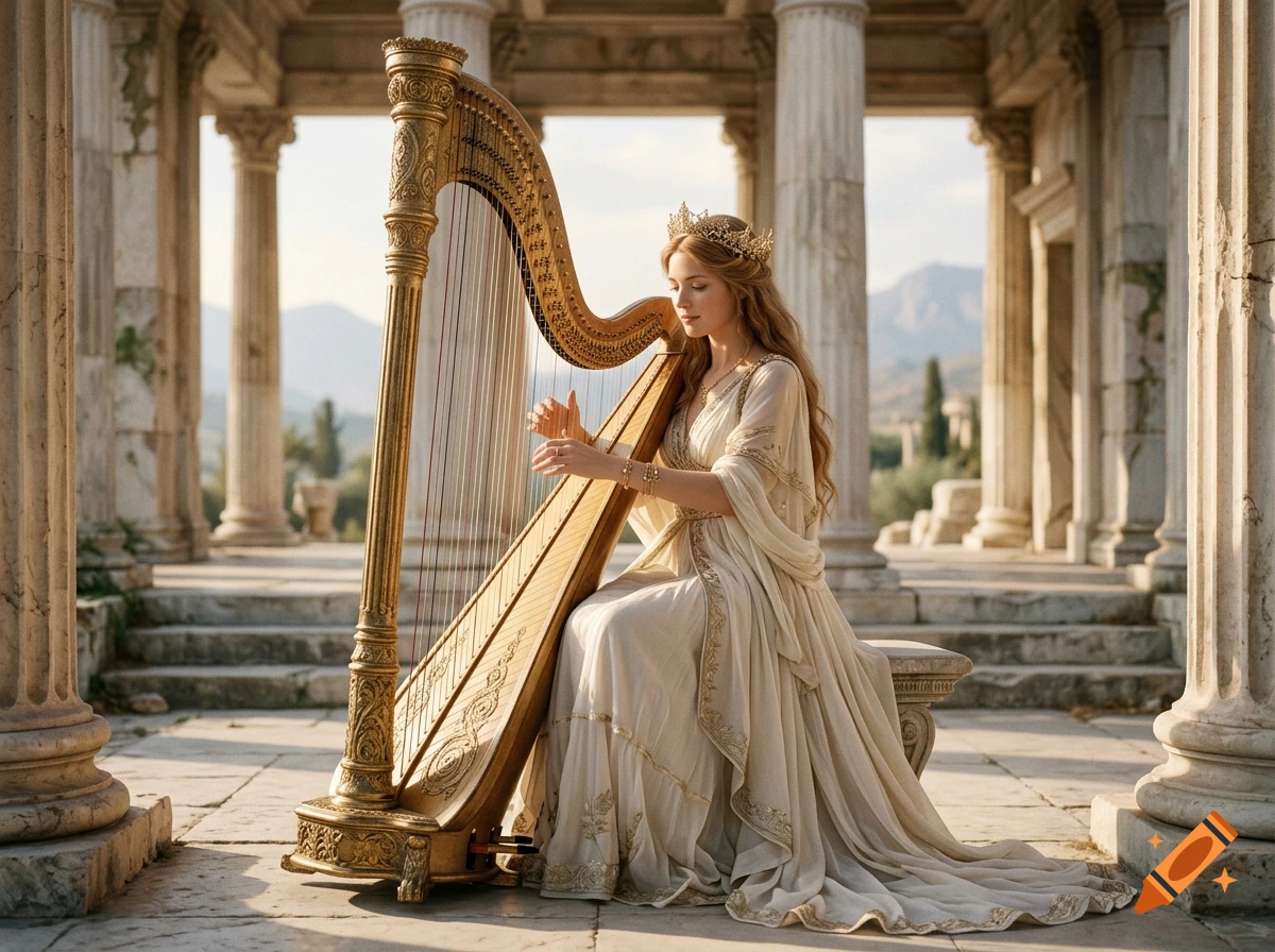 A photorealistic goddess wearing a crown and ancient Greek attire, sitting and playing a large golden harp in a ruined marble temple.
