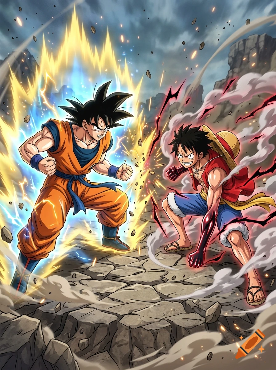 Goku and Monkey D. Luffy facing off in an epic anime style battle on a rocky terrain with dynamic effects.