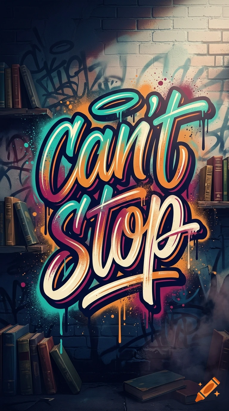 Vibrant graffiti lettering that reads 'Can't Stop' on a dark brick wall surrounded by stacked books, in a street art style.