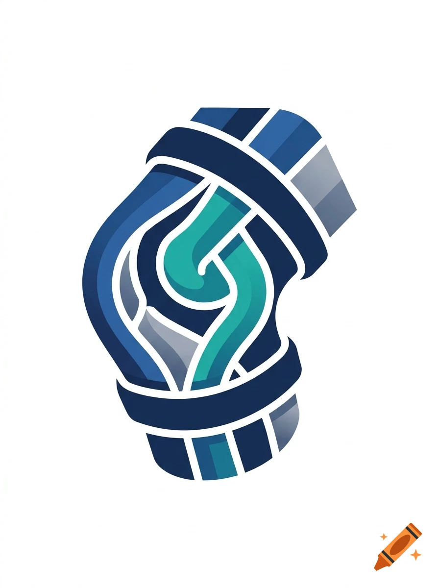 Stylized medical illustration of a knee joint in blue and turquoise tones on a white background.
