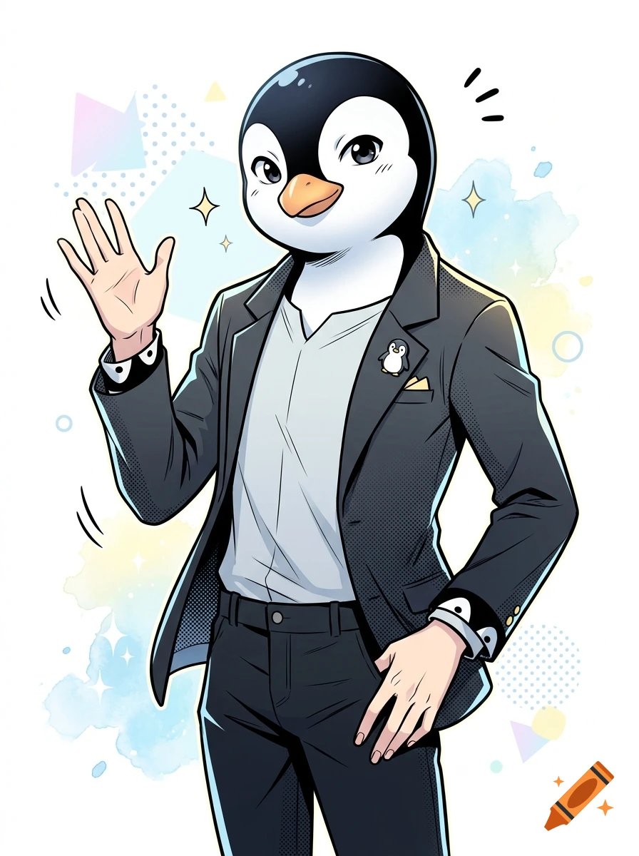 Manga style illustration of a human figure with a penguin head, wearing a dark suit and waving, against a pastel abstract background.