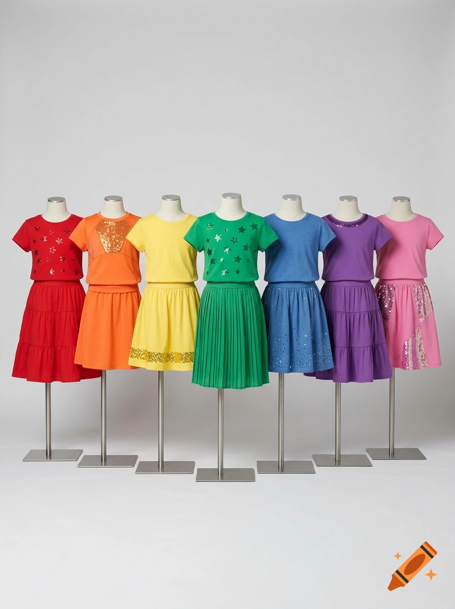 Seven child-sized mannequins displaying colorful matching tops and skirts in a row against a light grey background.