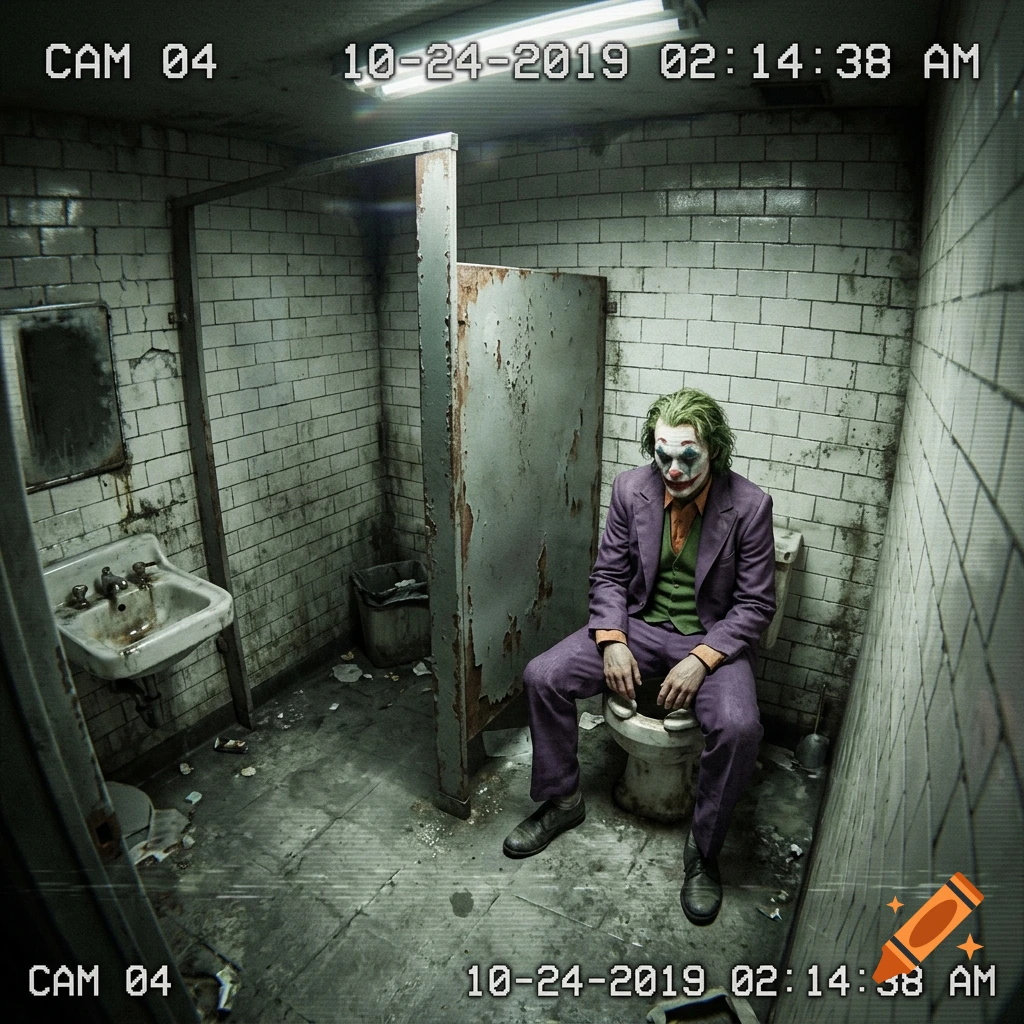 Security camera footage of the Joker sitting on a toilet in a grimy, tiled public restroom.