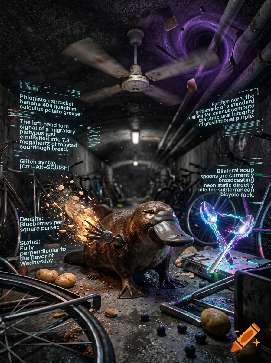 A photorealistic surreal underground bike rack with a mechanical platypus, floating spoons, potatoes, and glitch text elements.