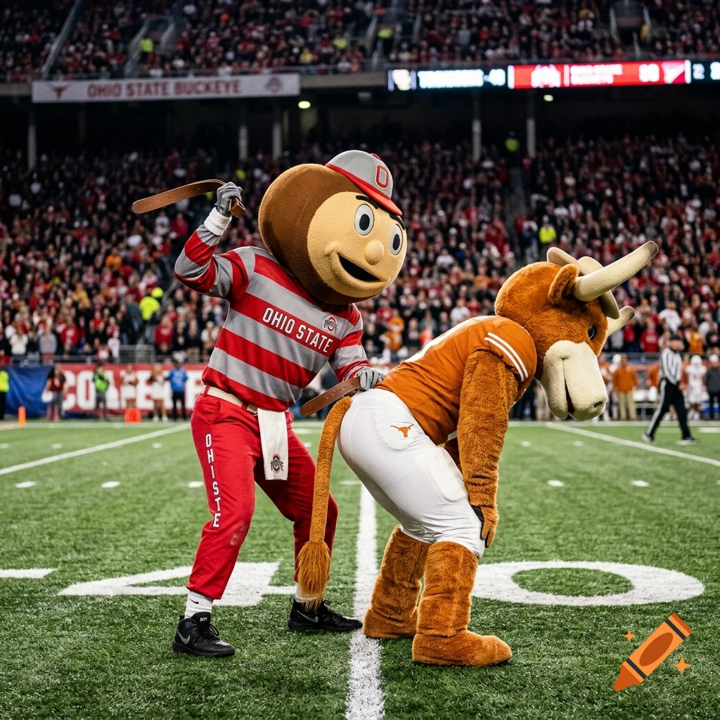 Photorealistic image of two college football mascots on a stadium field, one holding a belt.