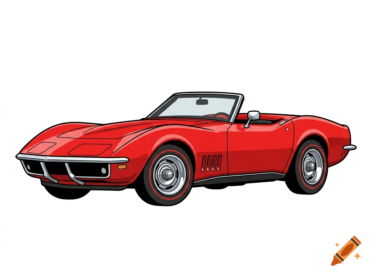 A comic-book style vector illustration of a bright red 1969 Chevrolet Corvette Stingray convertible with top down on a plain white background.