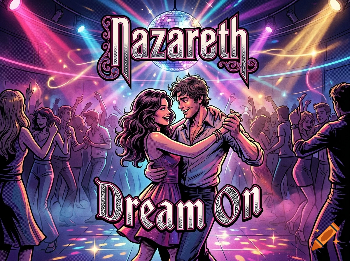 Comic style illustration of a young couple dancing closely in a disco with a glitter ball and crowd in the background.