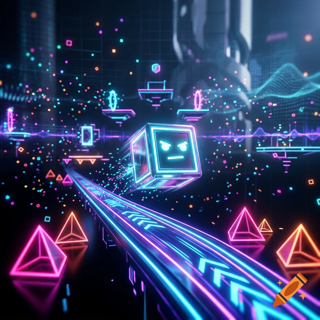 Neon glowing cube with an angry face speeding along a futuristic track with glowing pyramids and digital particles.