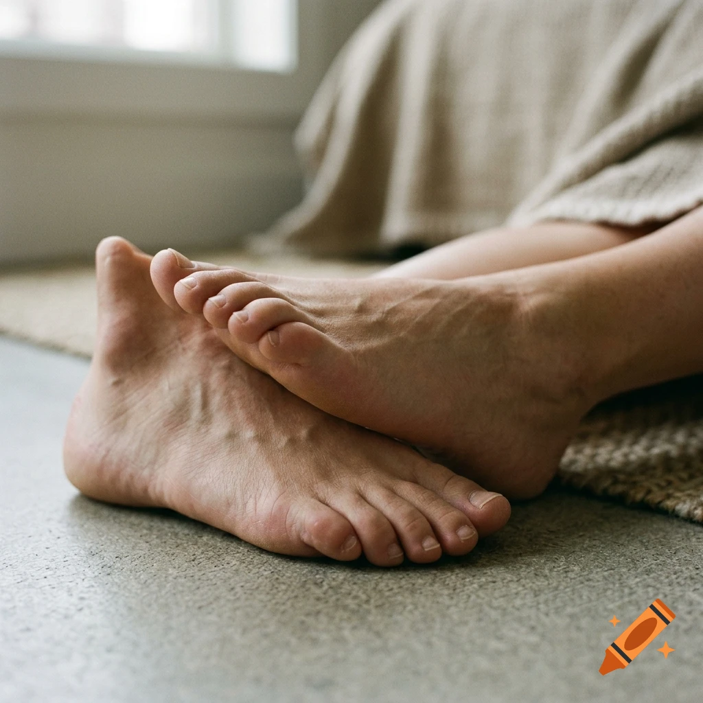 Photorealistic close-up of human feet resting on a textured floor.