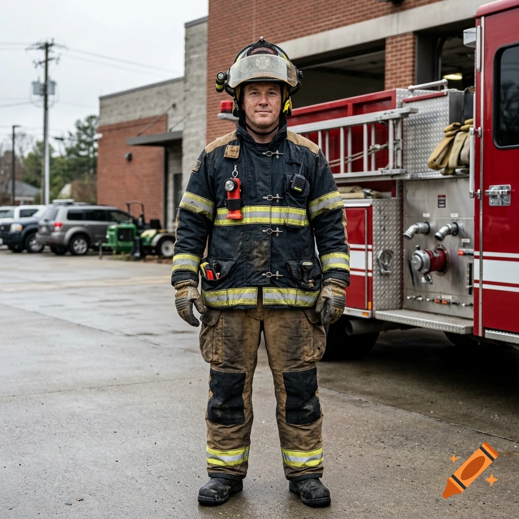 A firefighter in full turnout gear and helmet standing in front of a fire truck outside a station.