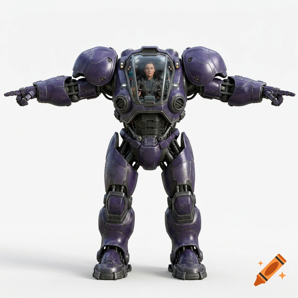 Photorealistic image of a woman piloting a large purple mech suit in a T-pose against a white background.