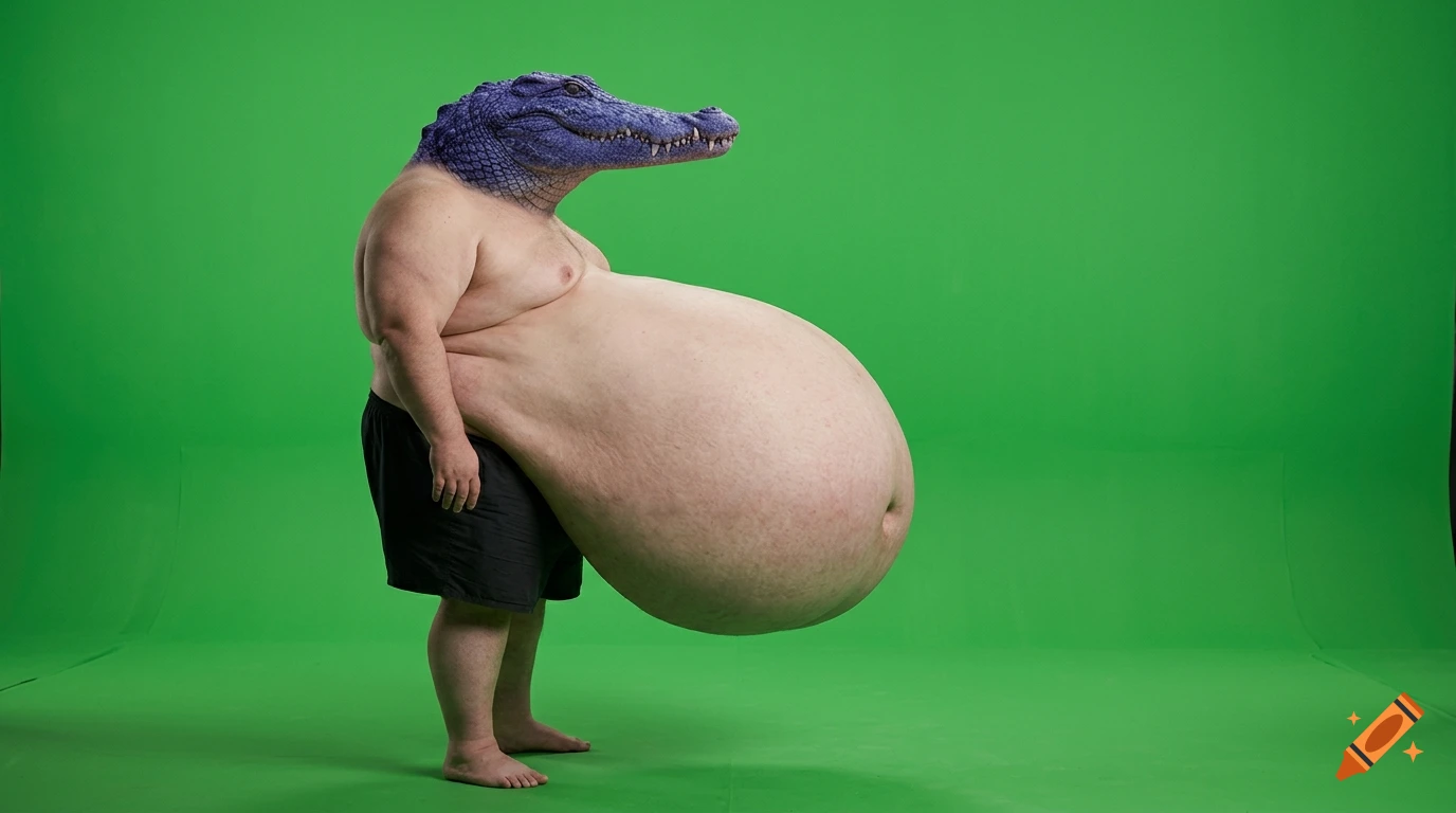 Photorealistic side view of a man with an indigo crocodile head and a massive, expanded belly, standing against a green screen.