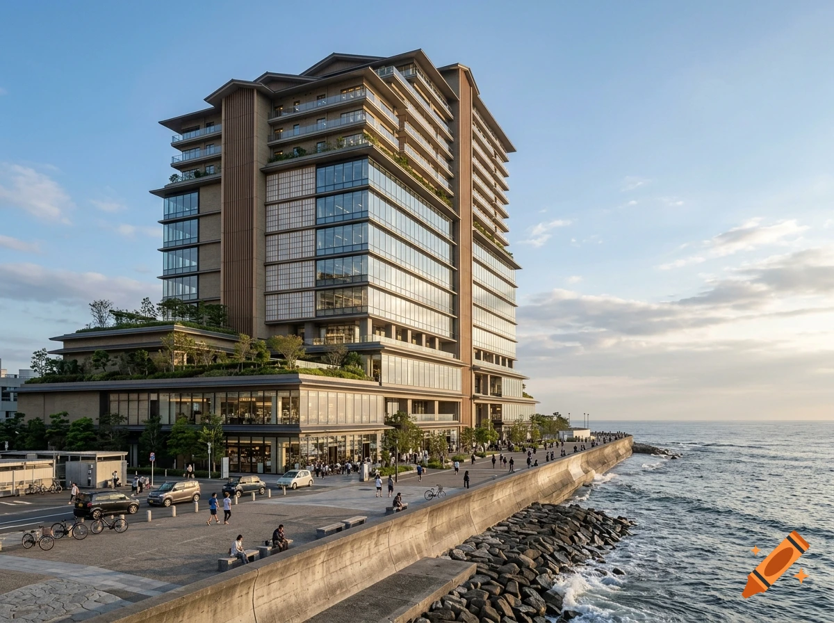 Photorealistic view of a massive modern Japanese-style multi-use building along a coastal promenade with people walking and ocean waves crashing.