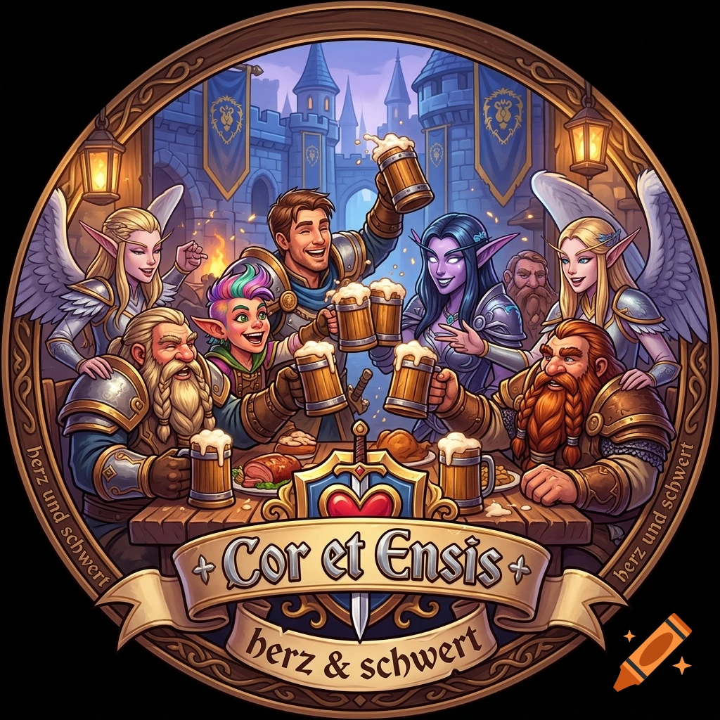Digital illustration of a diverse fantasy guild feasting and drinking beer together in a tavern, with castle Stormwind in the background.