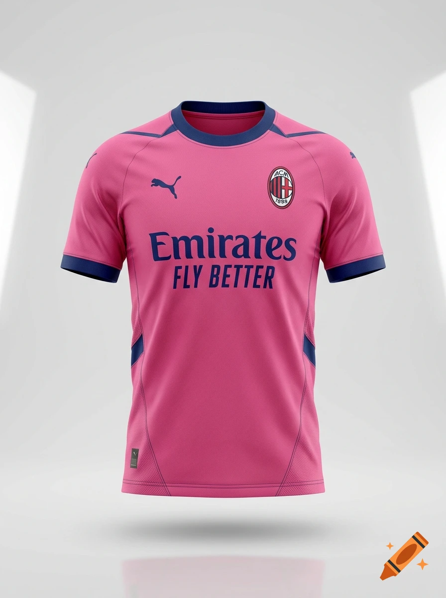 Pink and blue AC Milan soccer jersey with Emirates Fly Better sponsor text, displayed on a neutral background.