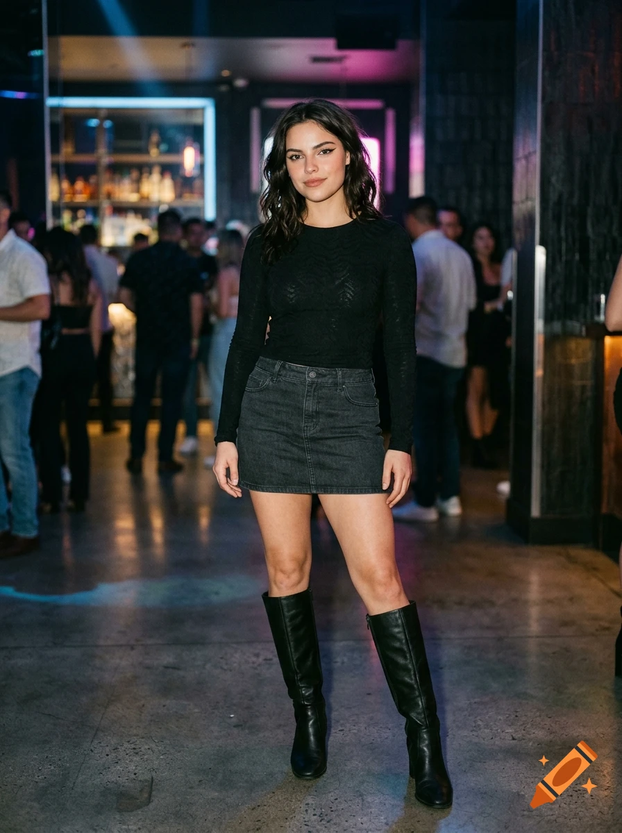 A young woman stands smiling inside a dimly lit lounge, wearing a dark top, denim skirt, and knee-high boots.