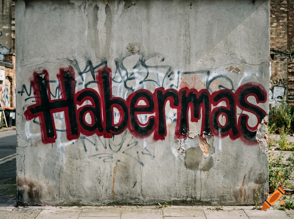 Photorealistic graffiti of the word Habermas in black with red outline on a concrete wall