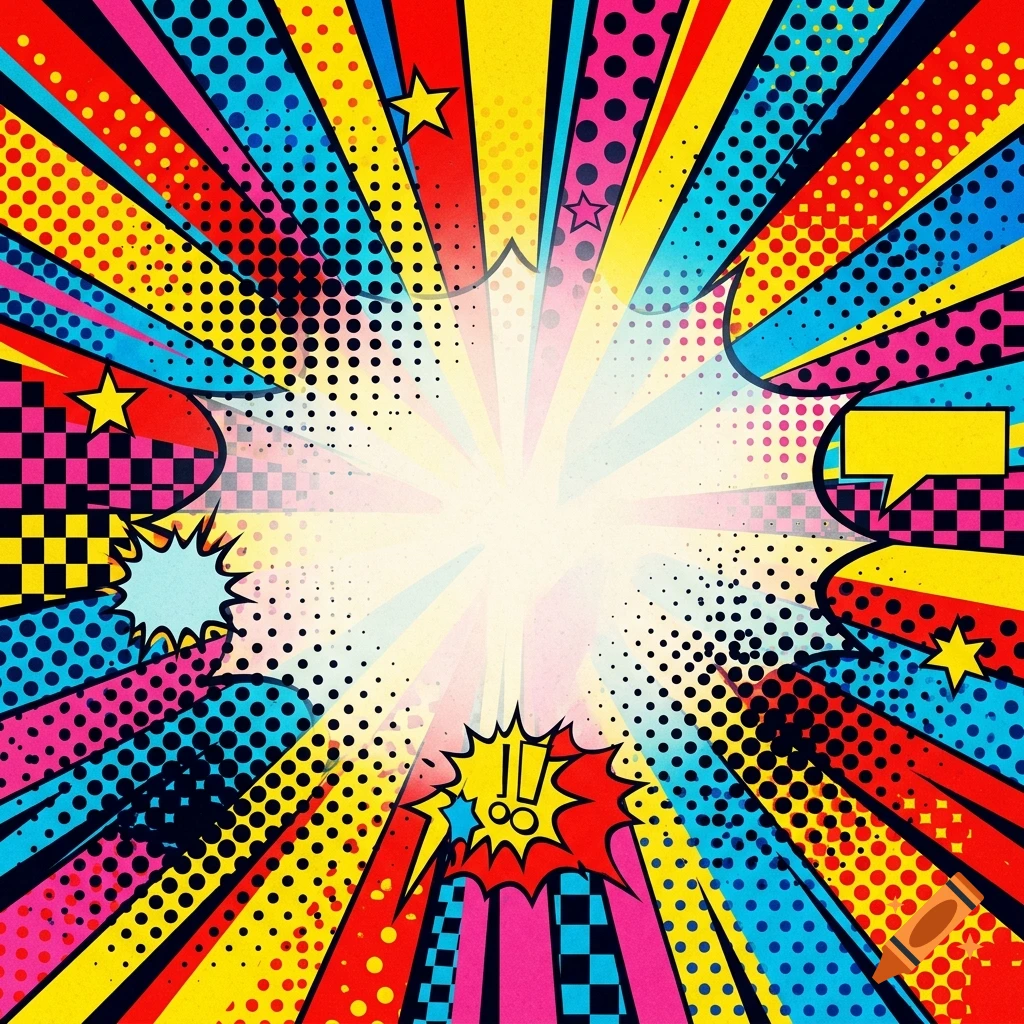 Colorful comic book style pop art background with radial sunburst lines and halftone dots.