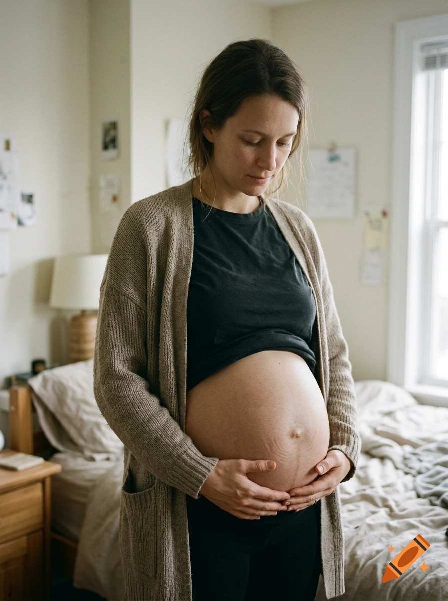 A pregnant woman stands in a bedroom, gently holding her exposed belly.