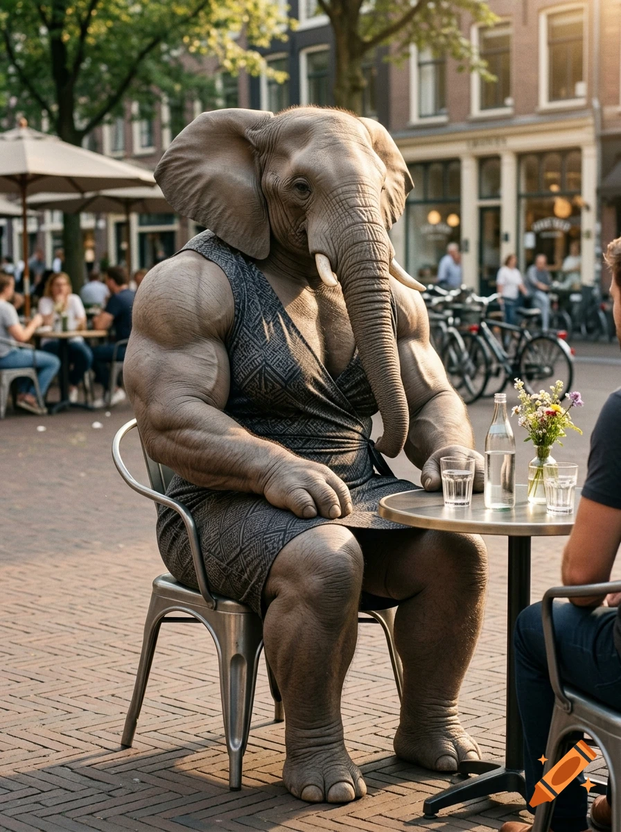 Photorealistic image of a muscular anthropomorphic female elephant sitting at an outdoor cafe table in a European street.