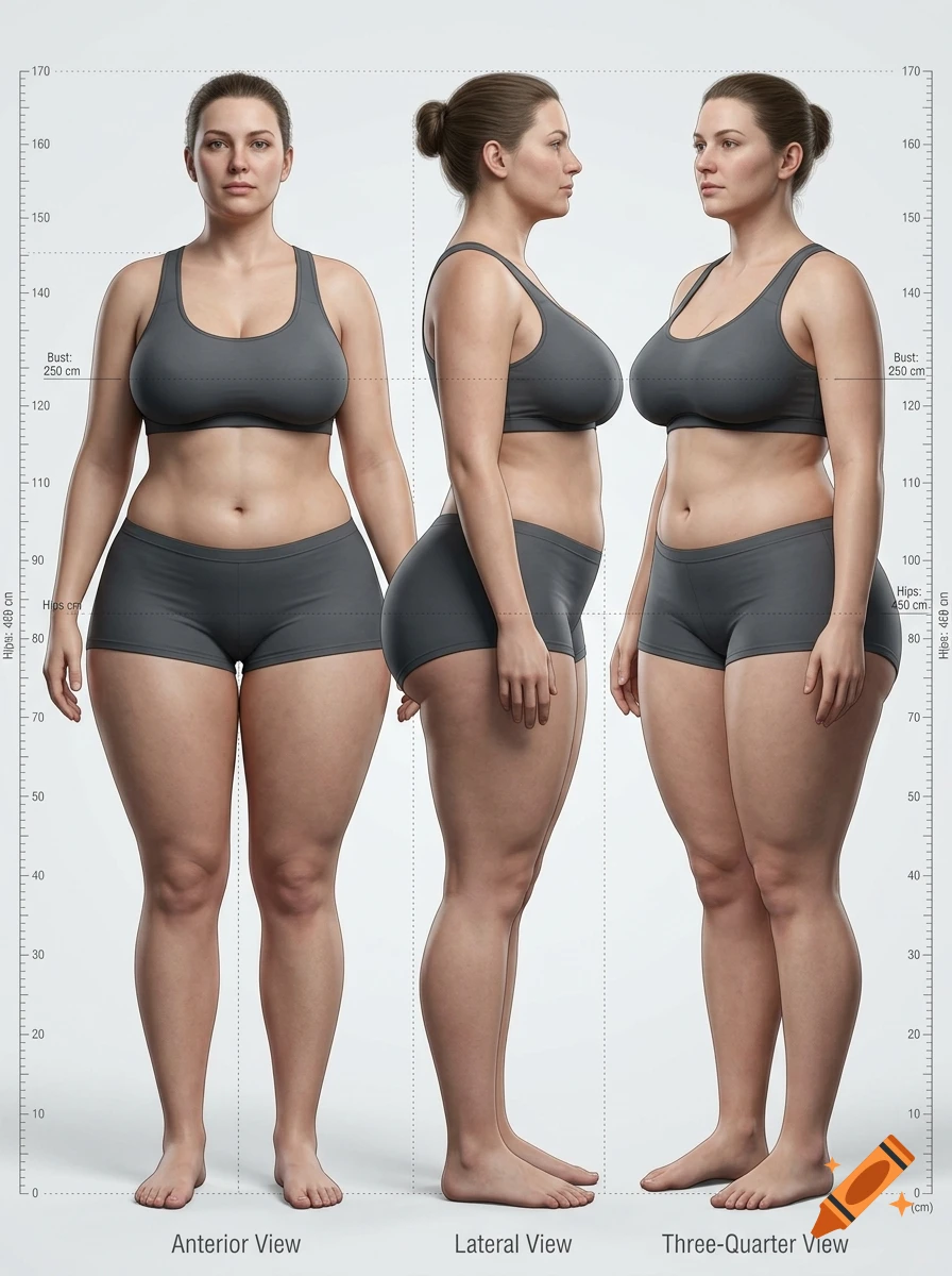 Anterior, lateral, and three-quarter photographic views of a woman with extreme body proportions next to a height scale.
