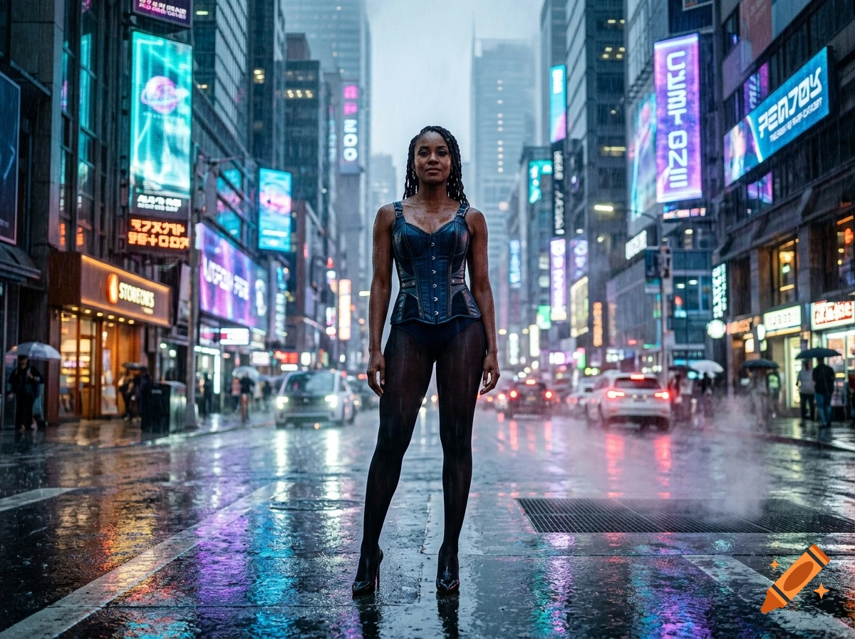 Photorealistic full-body shot of a dark-skinned woman in a blue corset and black tights standing on a wet neon-lit futuristic street.