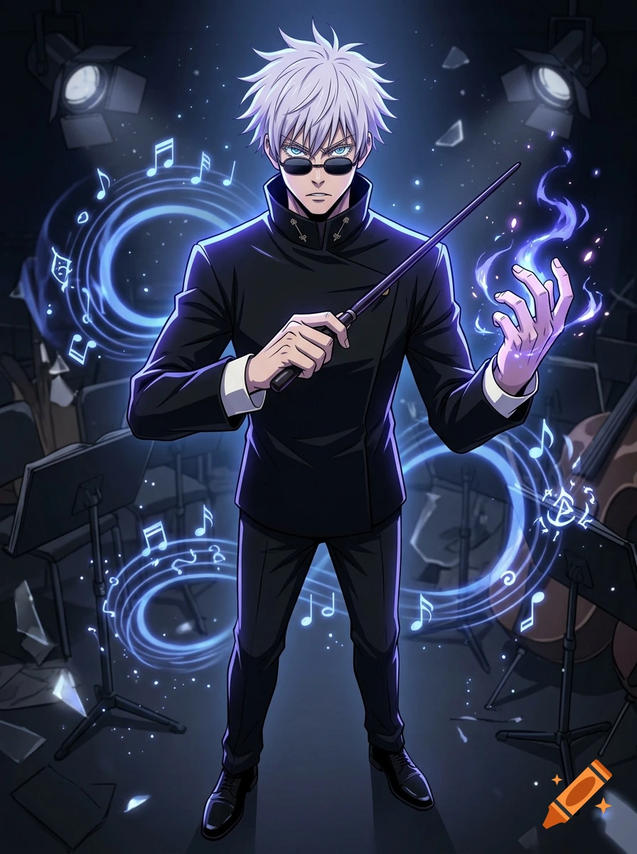 Anime style illustration of a male character with white hair and sunglasses holding a conductor's baton surrounded by musical notes.