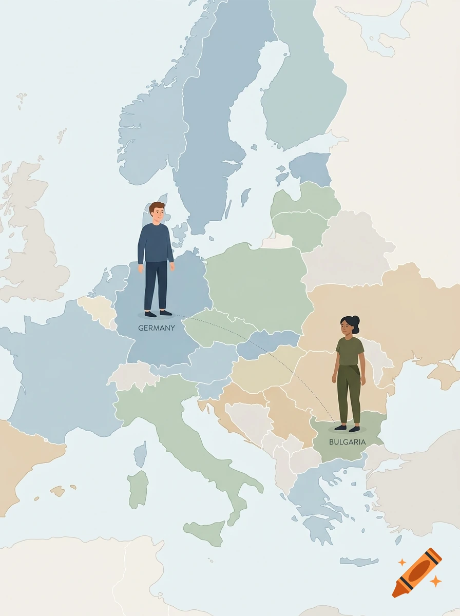 Illustrated map of Europe showing a man in Germany and a woman in Bulgaria connected by a dotted line.